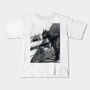 Jean Bernard's Standing Horse in a Stable Edited Black And White Kids T-Shirt